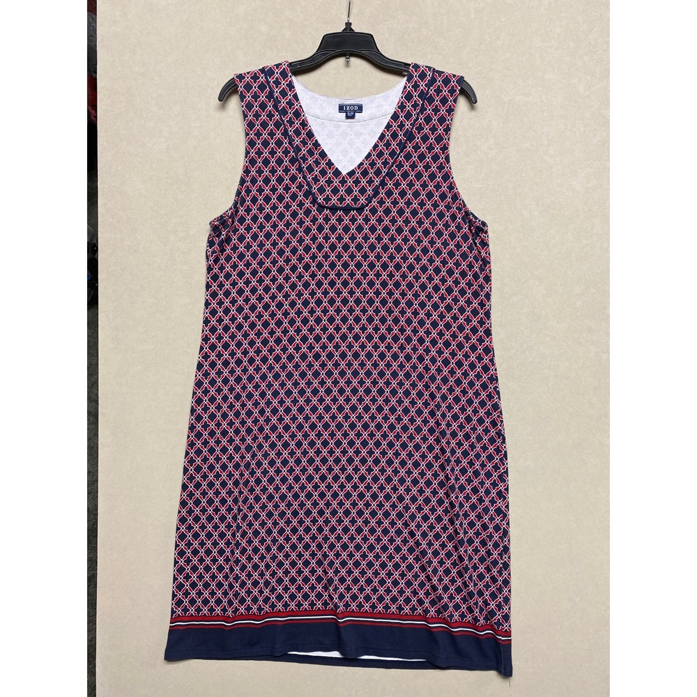 IZOD Womens XL Navy Red Geometric Print Sleeveless V-Neck Shift Dress IKU649